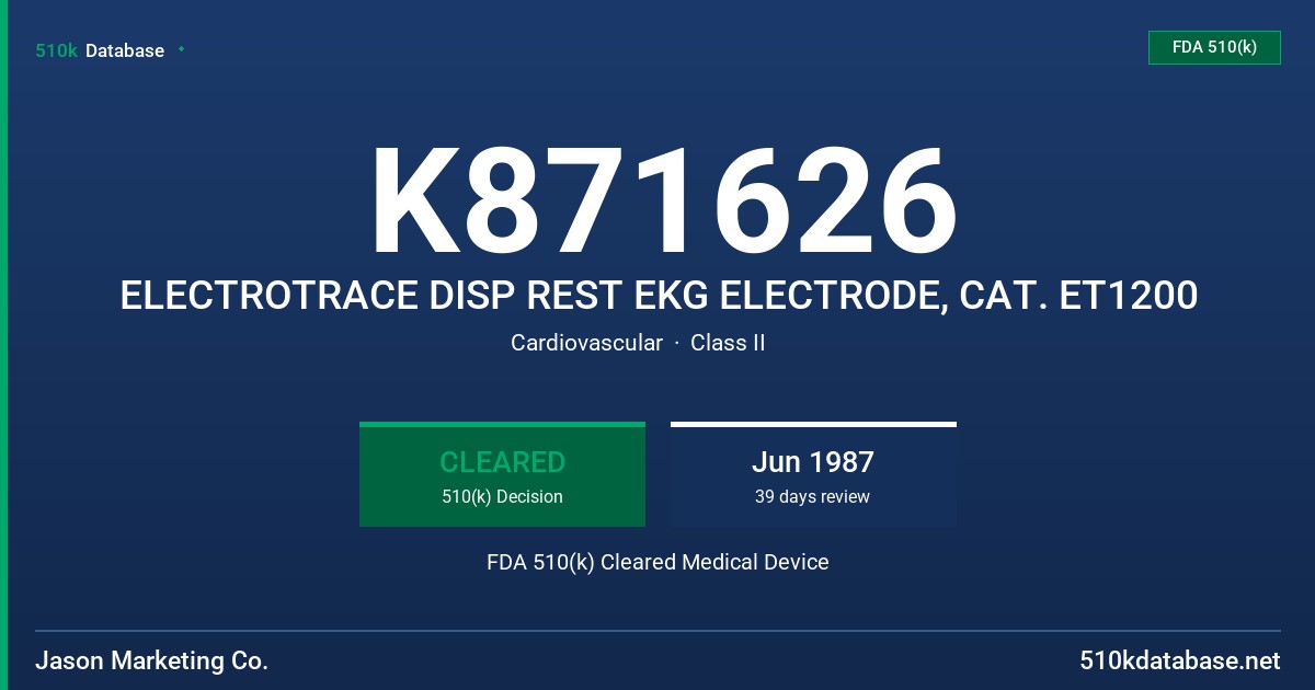 K871626 ELECTROTRACE DISP REST EKG ELECTRODE, CAT. ET1200 FDA 510(k) Cleared Medical Device