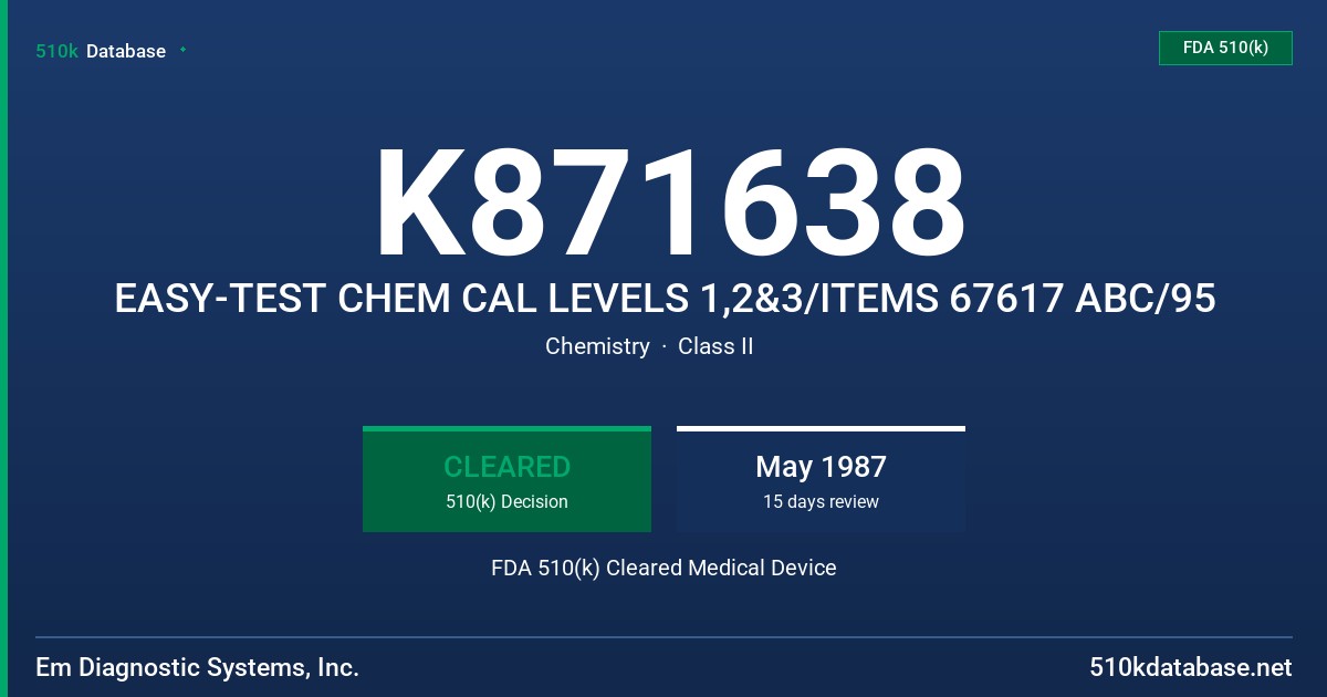 K871638 EASY-TEST CHEM CAL LEVELS 1,2&3/ITEMS 67617 ABC/95 FDA 510(k) Cleared Medical Device