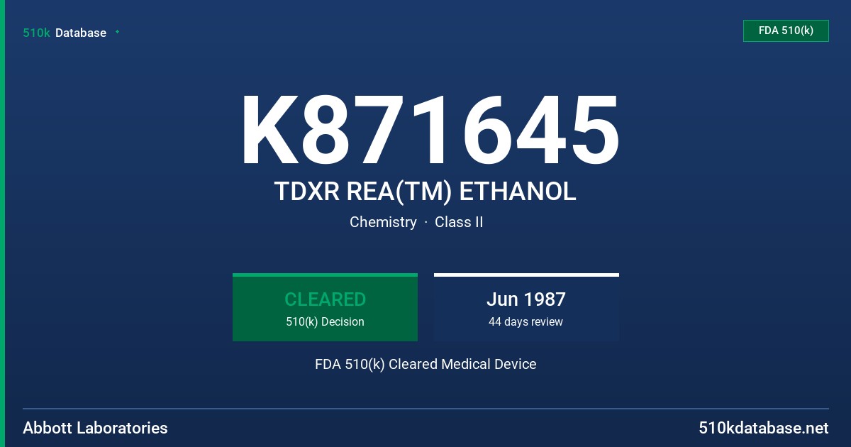 K871645 TDXR REA(TM) ETHANOL FDA 510(k) Cleared Medical Device