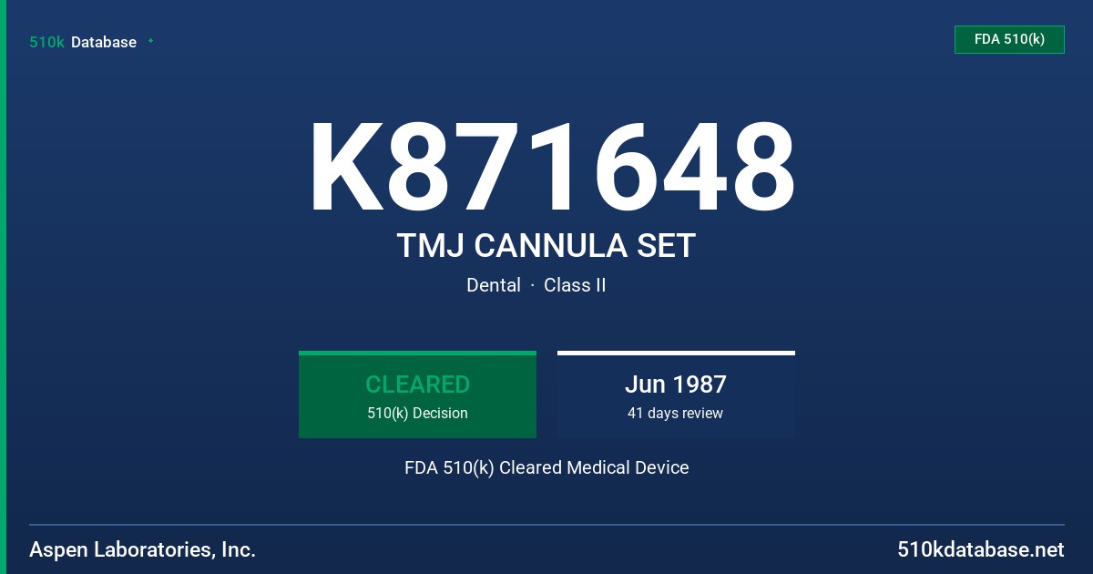 K871648 TMJ CANNULA SET FDA 510(k) Cleared Medical Device