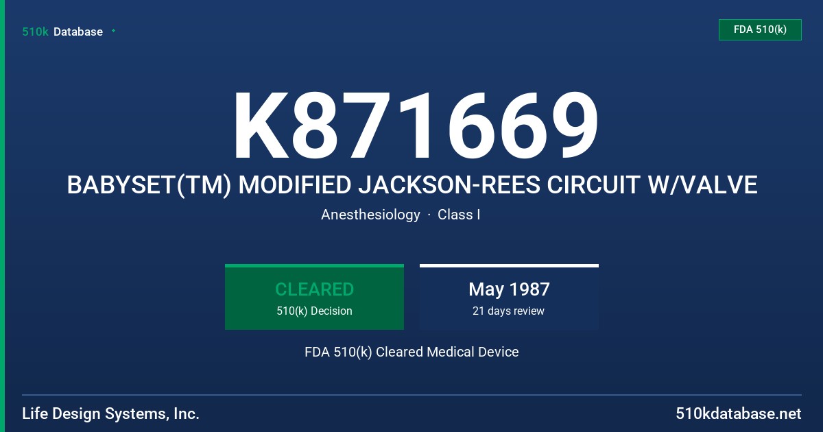 K871669 BABYSET(TM) MODIFIED JACKSON-REES CIRCUIT W/VALVE FDA 510(k) Cleared Medical Device