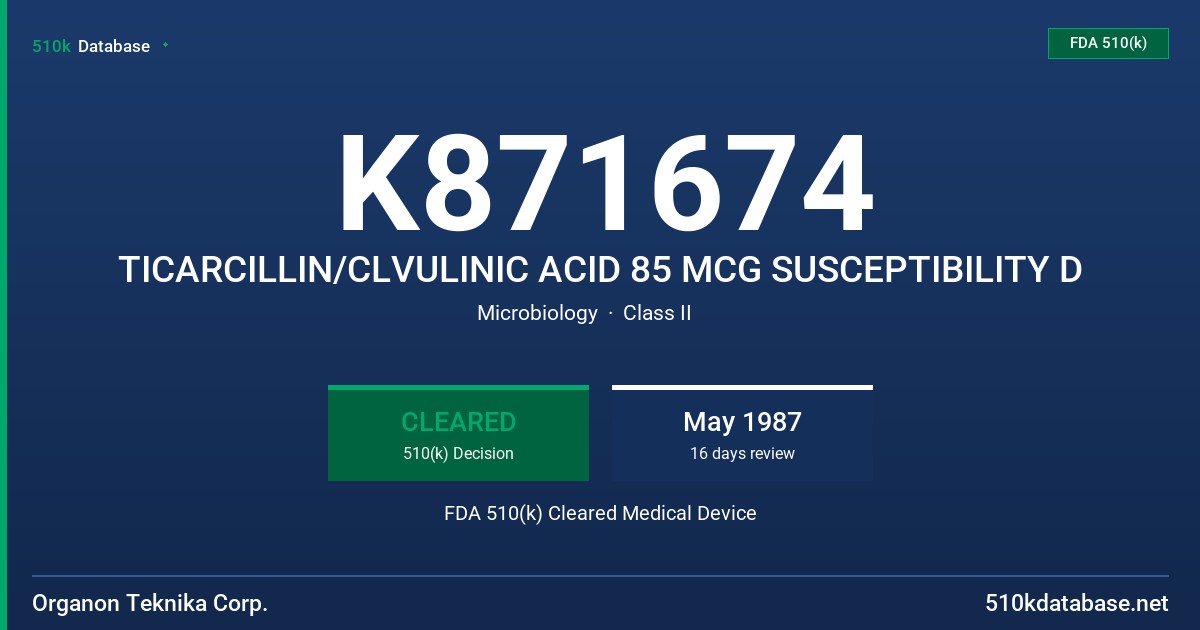K871674 TICARCILLIN/CLVULINIC ACID 85 MCG SUSCEPTIBILITY D FDA 510(k) Cleared Medical Device