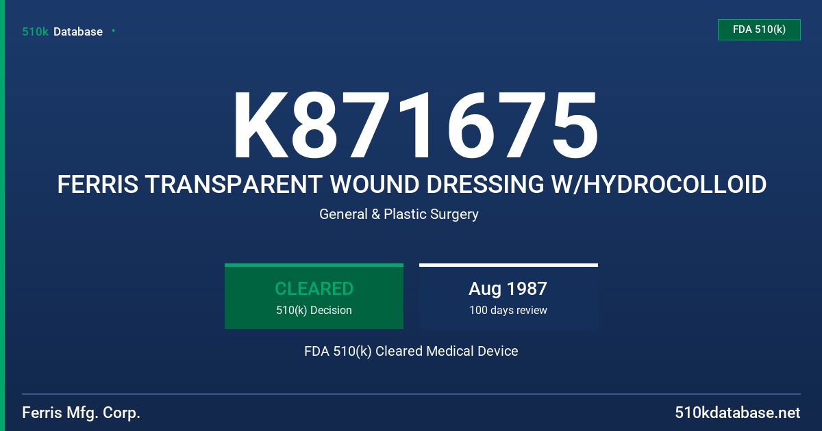 K871675 FERRIS TRANSPARENT WOUND DRESSING W/HYDROCOLLOID FDA 510(k) Cleared Medical Device