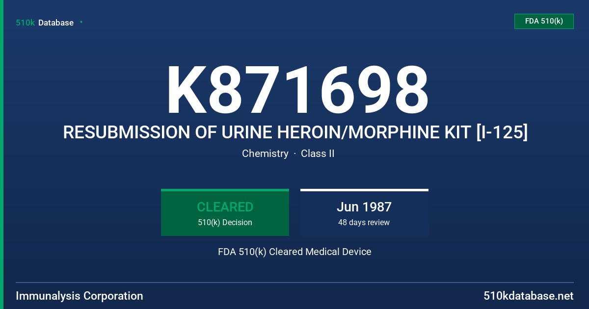 K871698 RESUBMISSION OF URINE HEROIN/MORPHINE KIT [I-125] FDA 510(k) Cleared Medical Device
