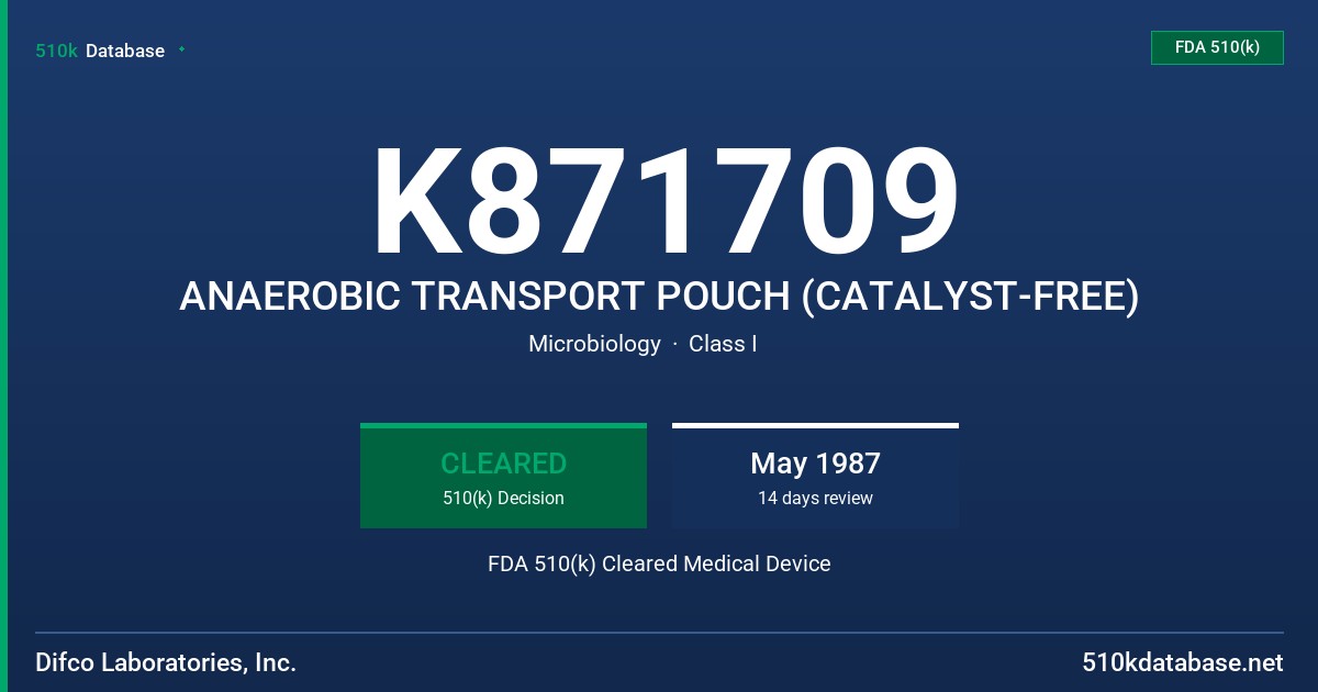 K871709 ANAEROBIC TRANSPORT POUCH (CATALYST-FREE) FDA 510(k) Cleared Medical Device