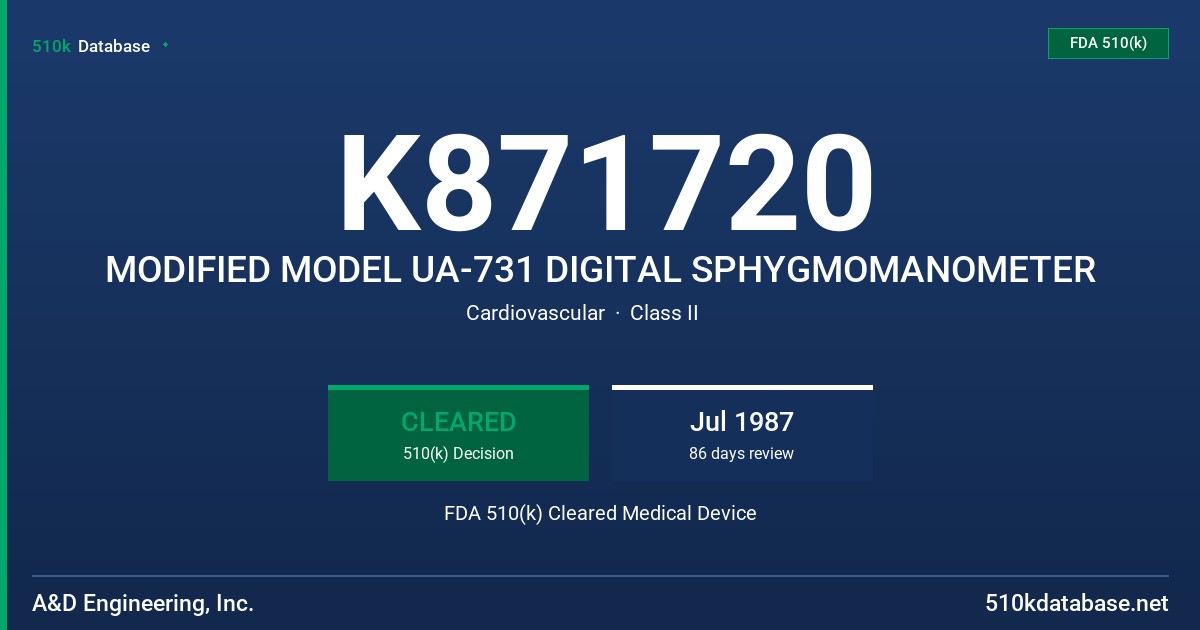 K871720 MODIFIED MODEL UA-731 DIGITAL SPHYGMOMANOMETER FDA 510(k) Cleared Medical Device