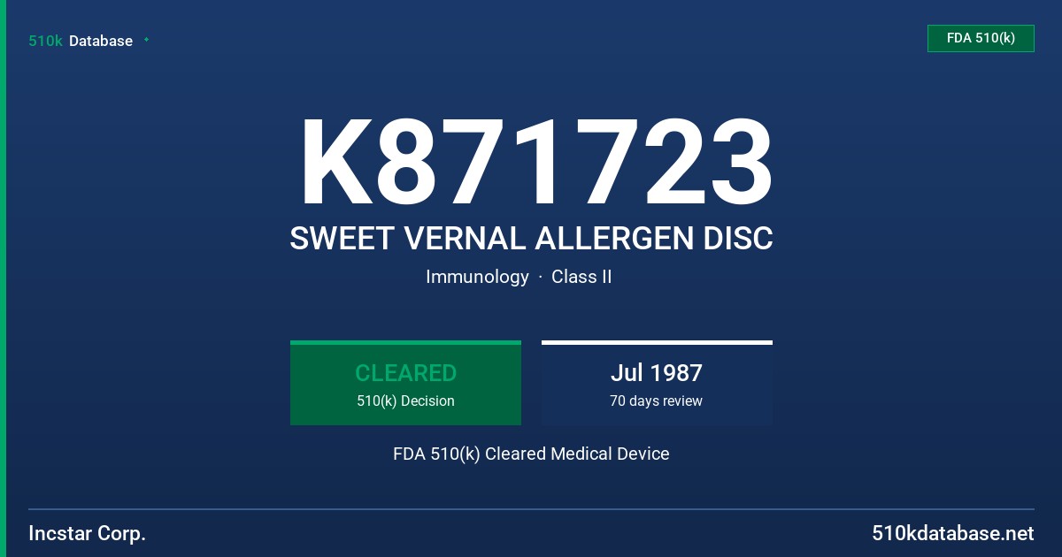 K871723 SWEET VERNAL ALLERGEN DISC FDA 510(k) Cleared Medical Device