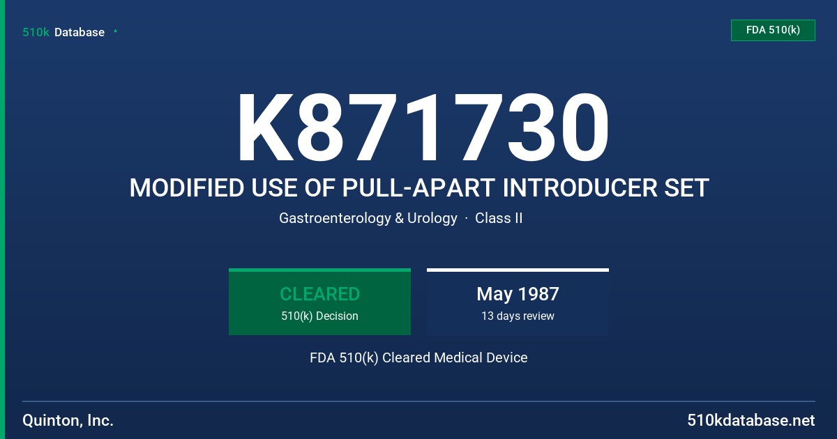 K871730 MODIFIED USE OF PULL-APART INTRODUCER SET FDA 510(k) Cleared Medical Device