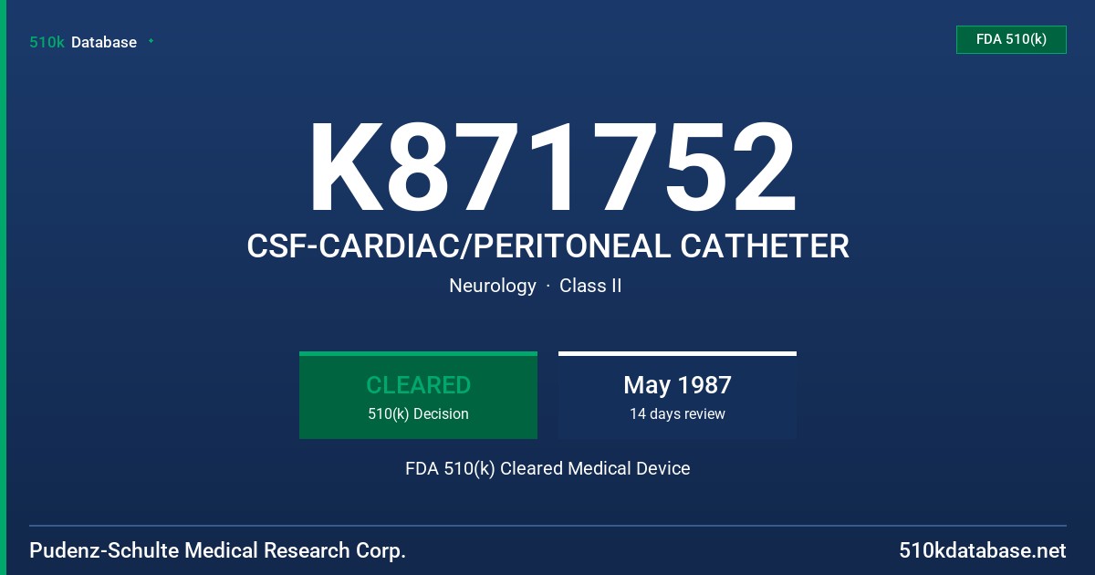 K871752 CSF-CARDIAC/PERITONEAL CATHETER FDA 510(k) Cleared Medical Device