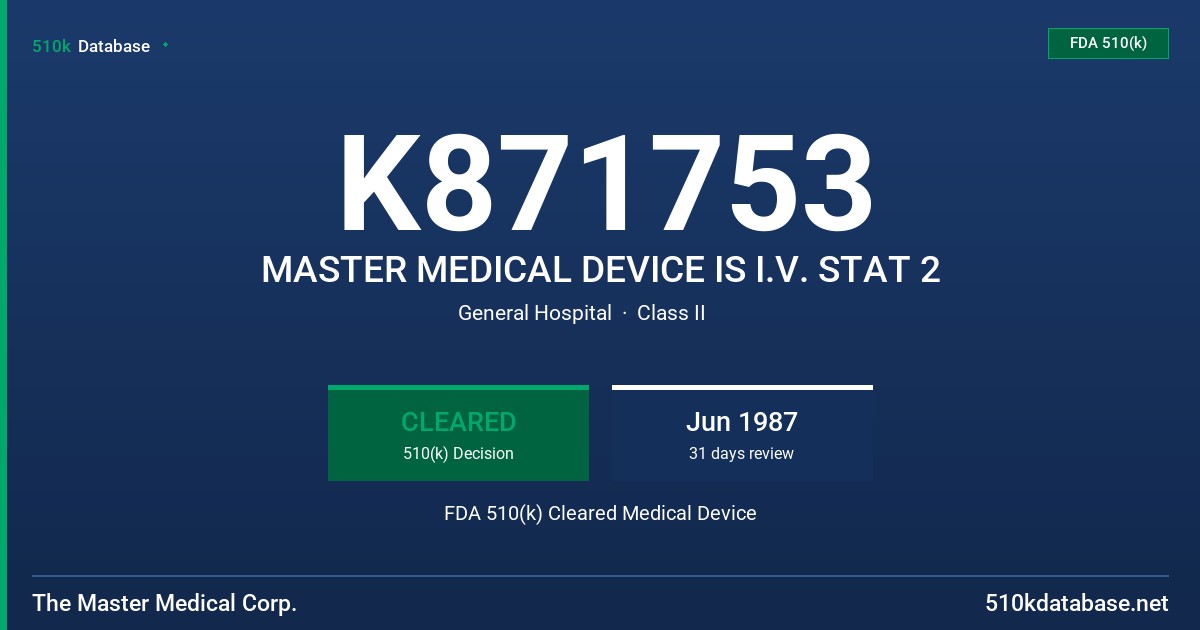 K871753 MASTER MEDICAL DEVICE IS I.V. STAT 2 FDA 510(k) Cleared Medical Device