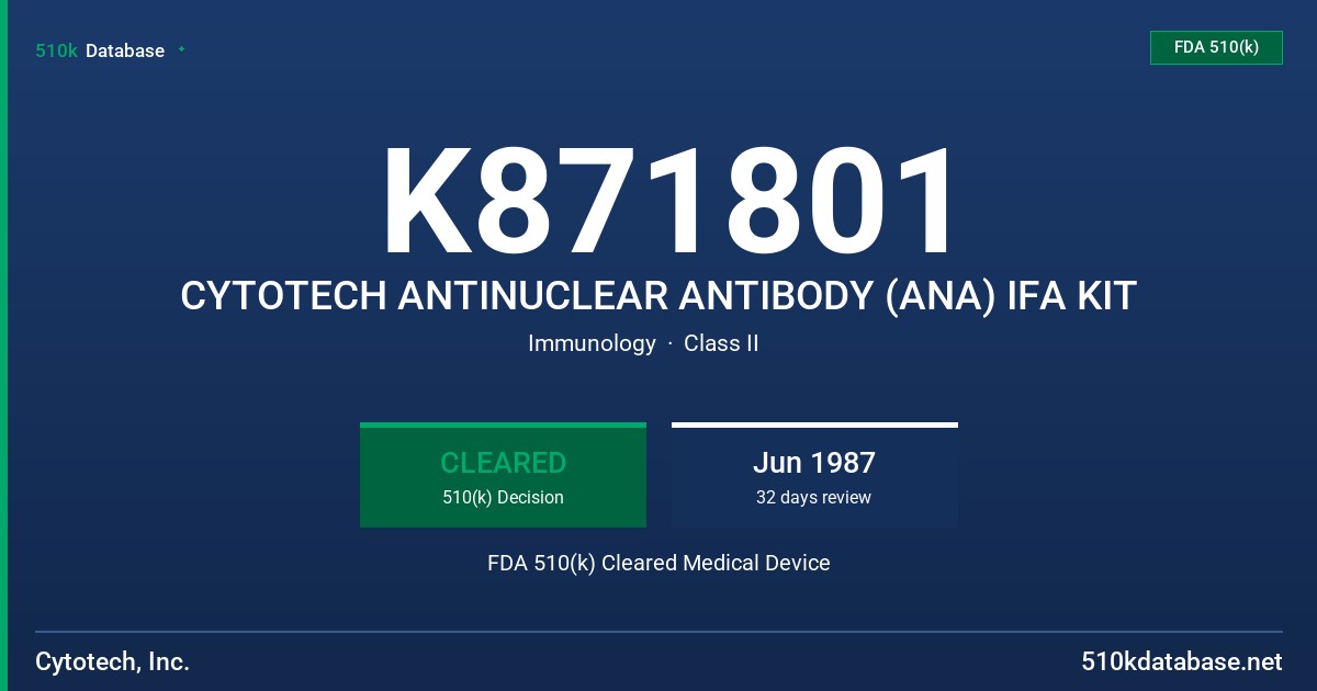 K871801 CYTOTECH ANTINUCLEAR ANTIBODY (ANA) IFA KIT FDA 510(k) Cleared Medical Device