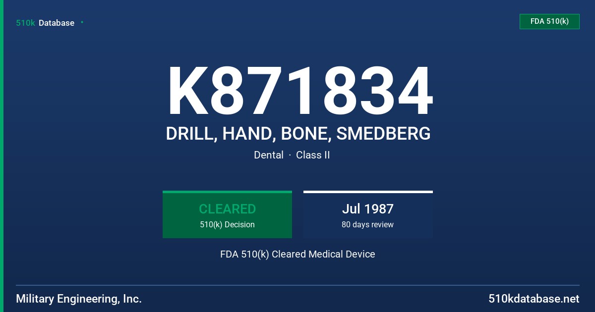 K871834 DRILL, HAND, BONE, SMEDBERG FDA 510(k) Cleared Medical Device
