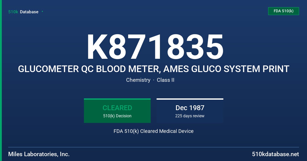 K871835 GLUCOMETER QC BLOOD METER, AMES GLUCO SYSTEM PRINT FDA 510(k) Cleared Medical Device