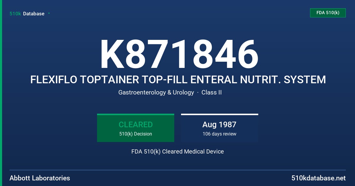 K871846 FLEXIFLO TOPTAINER TOP-FILL ENTERAL NUTRIT. SYSTEM FDA 510(k) Cleared Medical Device