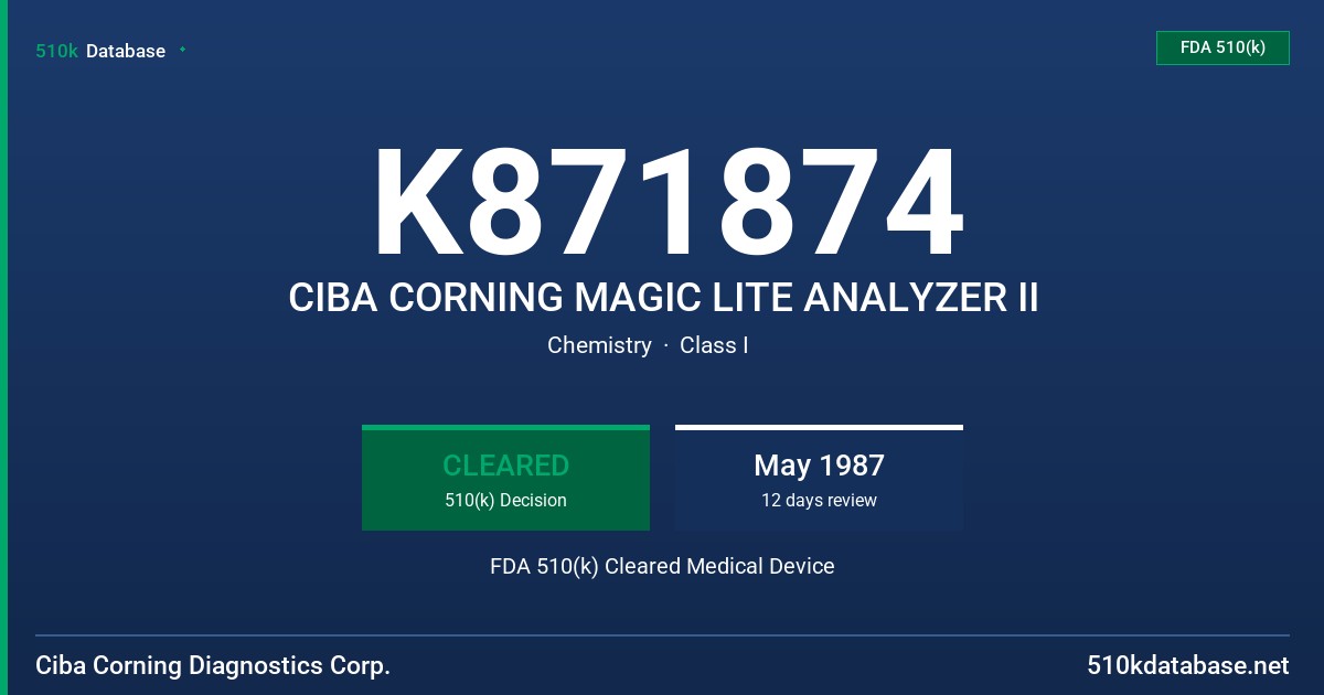 K871874 CIBA CORNING MAGIC LITE ANALYZER II FDA 510(k) Cleared Medical Device