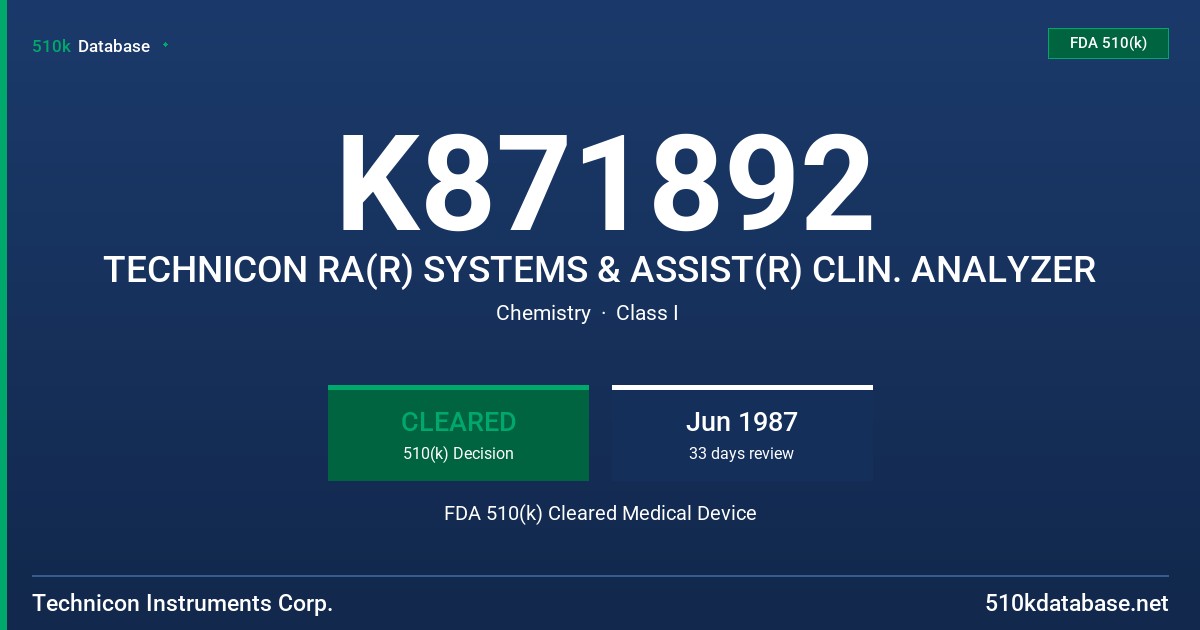 K871892 TECHNICON RA(R) SYSTEMS & ASSIST(R) CLIN. ANALYZER FDA 510(k) Cleared Medical Device