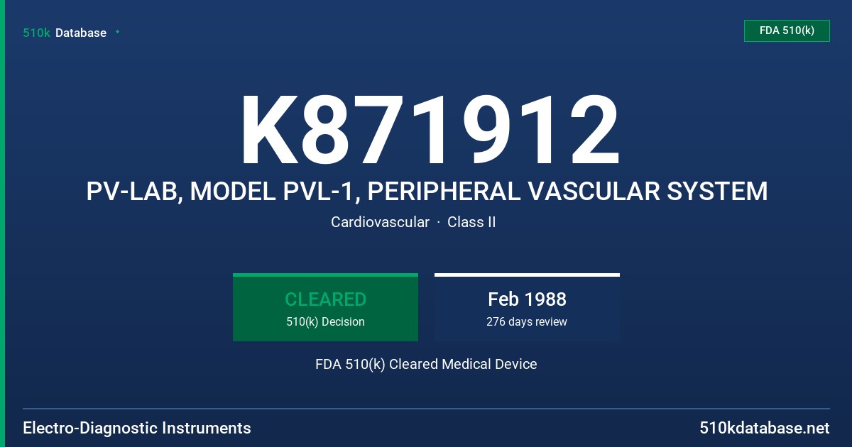 K871912 PV-LAB, MODEL PVL-1, PERIPHERAL VASCULAR SYSTEM FDA 510(k) Cleared Medical Device