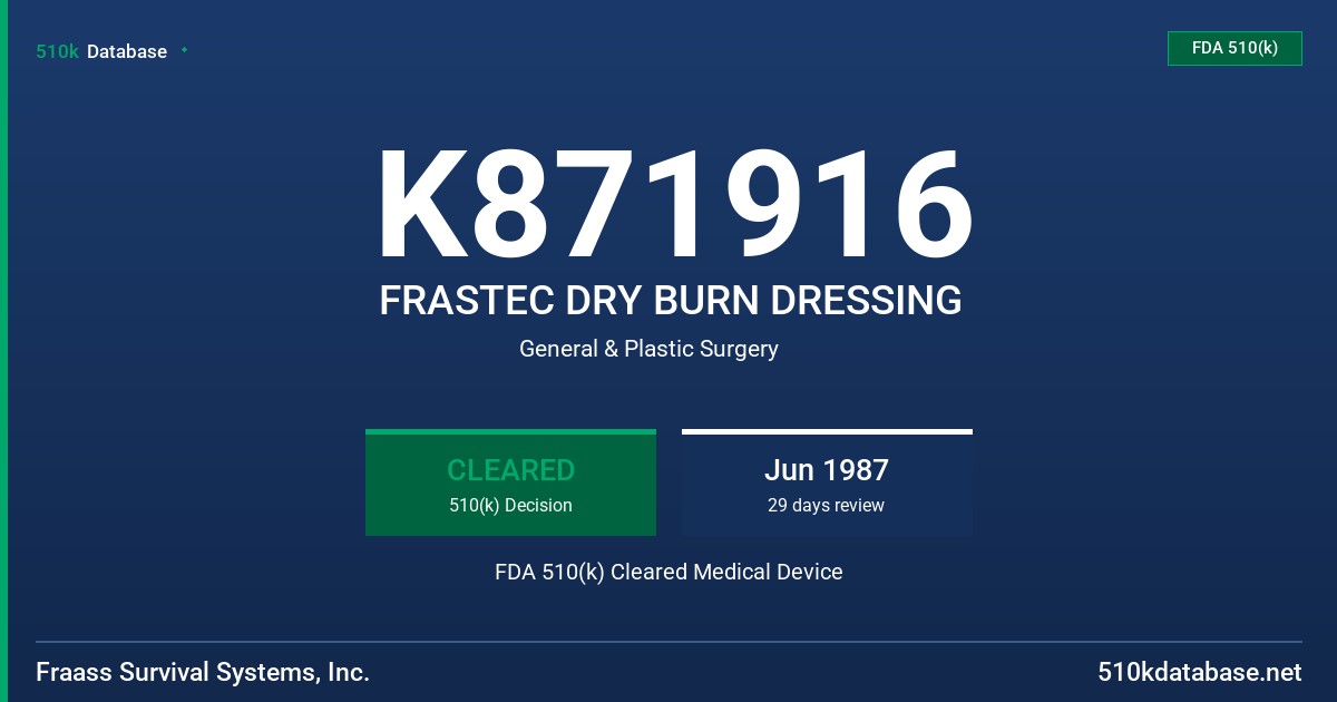 K871916 FRASTEC DRY BURN DRESSING FDA 510(k) Cleared Medical Device