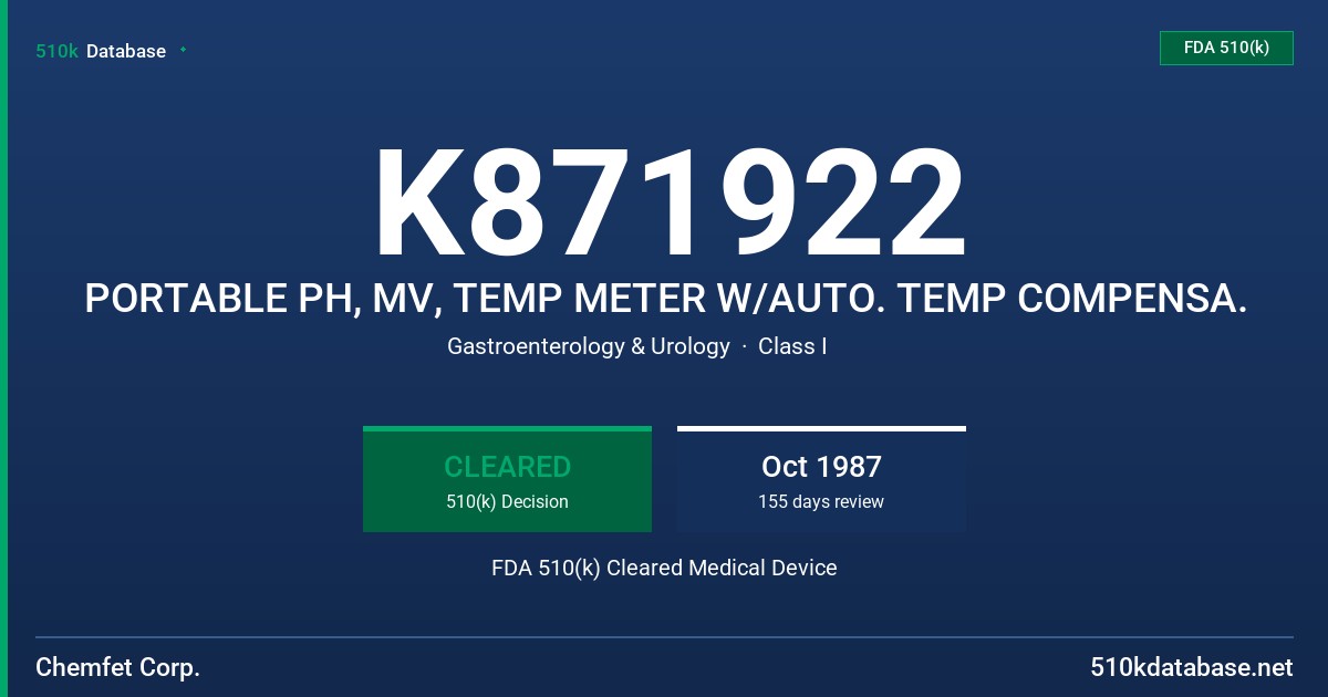 K871922 PORTABLE PH, MV, TEMP METER W/AUTO. TEMP COMPENSA. FDA 510(k) Cleared Medical Device