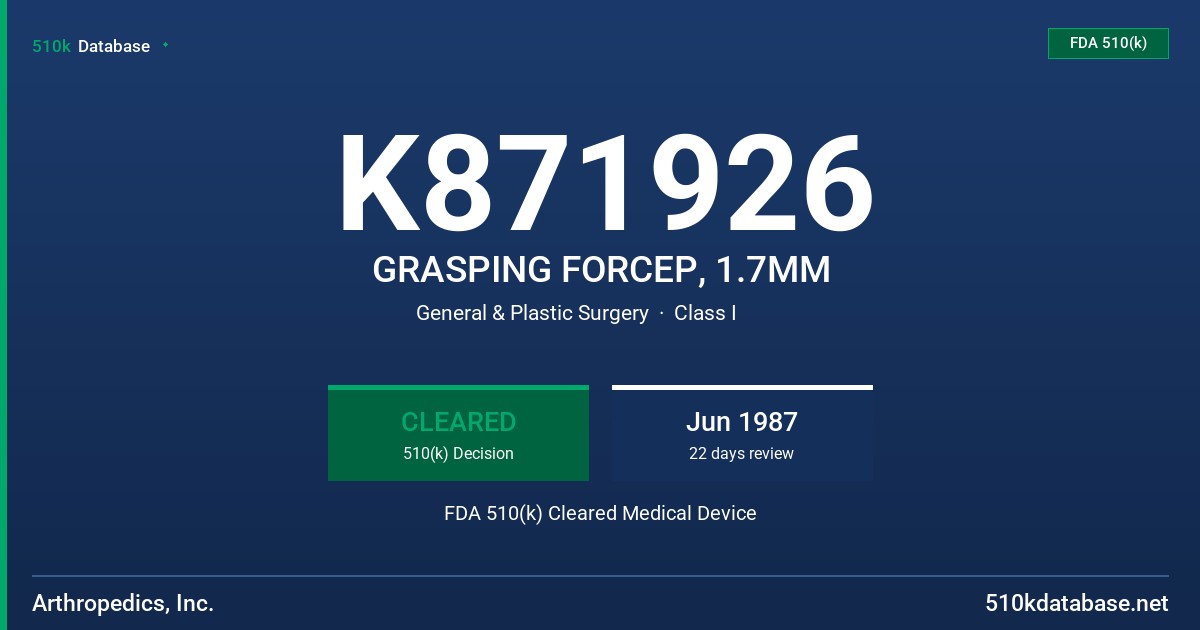 K871926 GRASPING FORCEP, 1.7MM FDA 510(k) Cleared Medical Device