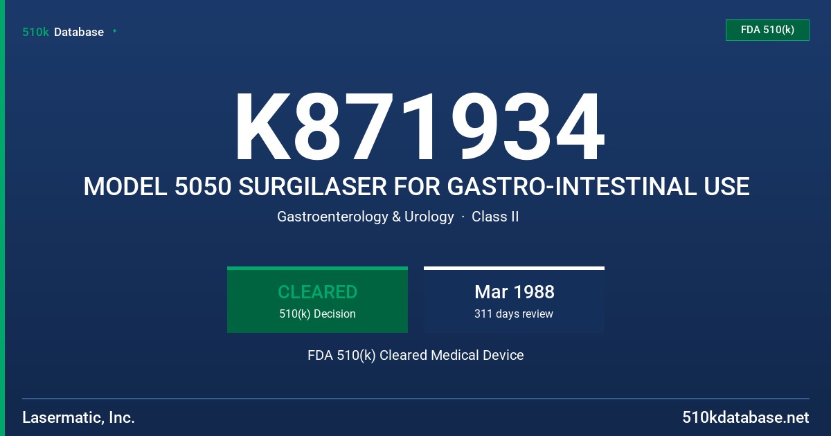 K871934 MODEL 5050 SURGILASER FOR GASTRO-INTESTINAL USE FDA 510(k) Cleared Medical Device
