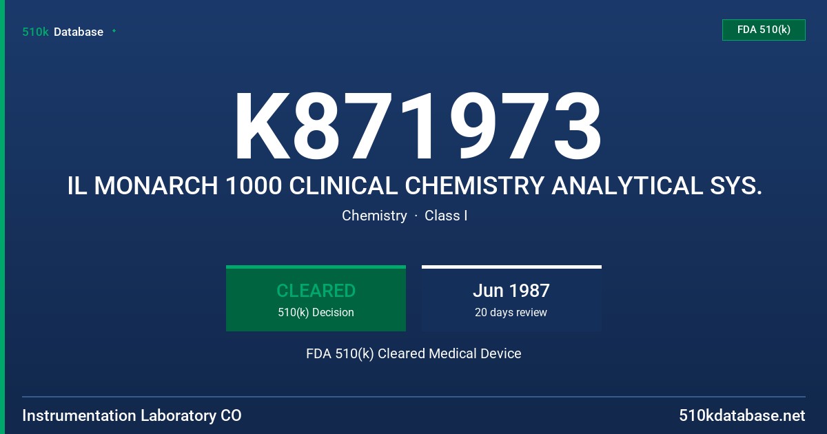 K871973 IL MONARCH 1000 CLINICAL CHEMISTRY ANALYTICAL SYS. FDA 510(k) Cleared Medical Device