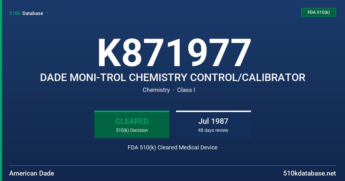 K871977 DADE MONI-TROL CHEMISTRY CONTROL/CALIBRATOR FDA 510(k) Cleared Medical Device