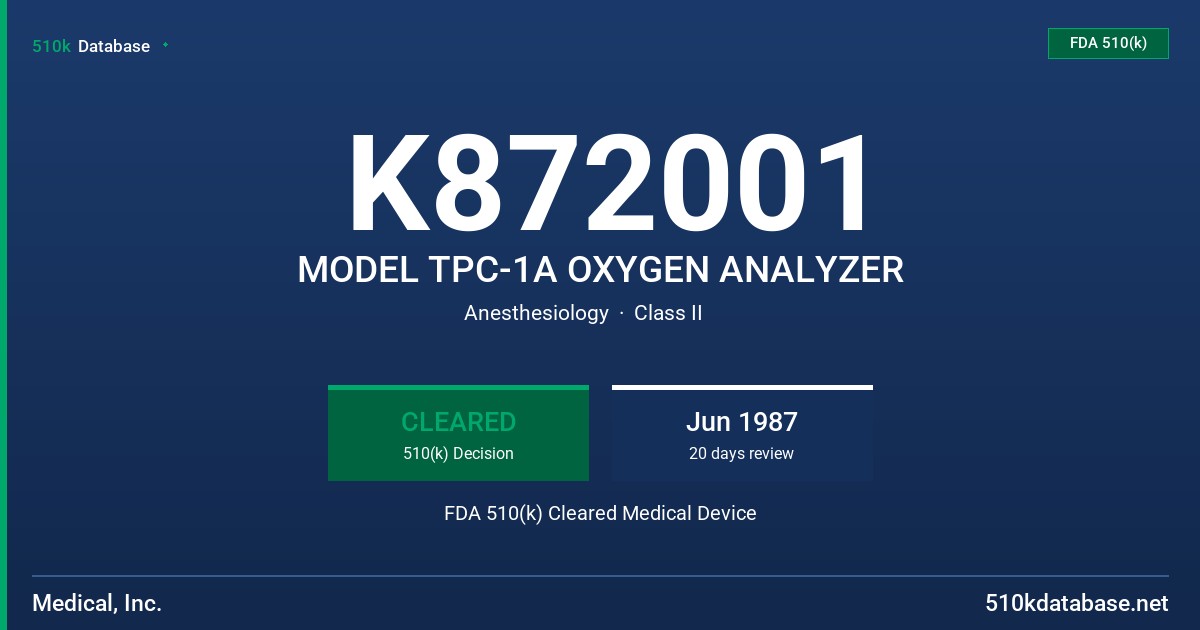 K872001 MODEL TPC-1A OXYGEN ANALYZER FDA 510(k) Cleared Medical Device