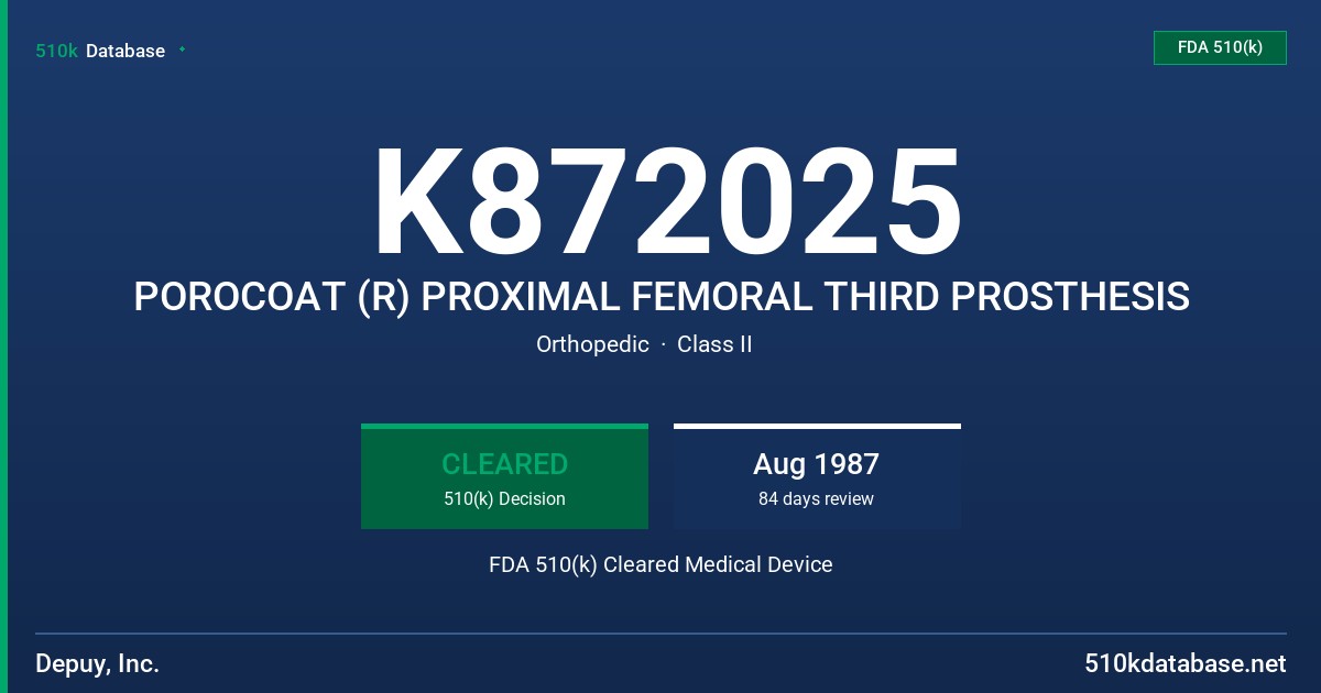 K872025 POROCOAT (R) PROXIMAL FEMORAL THIRD PROSTHESIS FDA 510(k) Cleared Medical Device