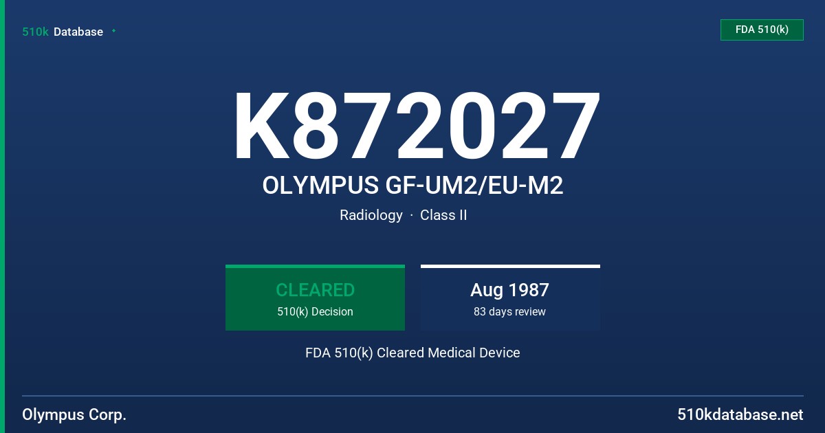 K872027 OLYMPUS GF-UM2/EU-M2 FDA 510(k) Cleared Medical Device