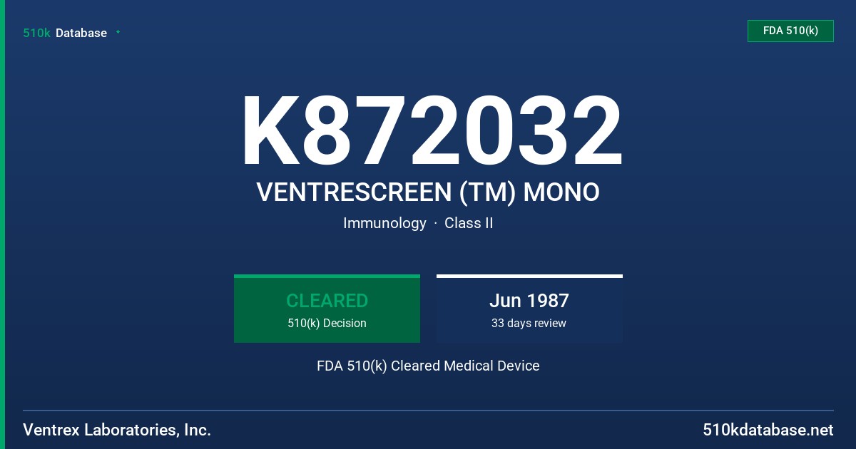 K872032 VENTRESCREEN (TM) MONO FDA 510(k) Cleared Medical Device