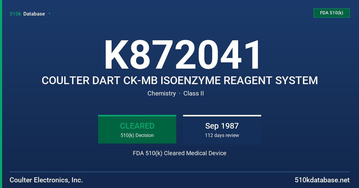 K872041 COULTER DART CK-MB ISOENZYME REAGENT SYSTEM FDA 510(k) Cleared Medical Device