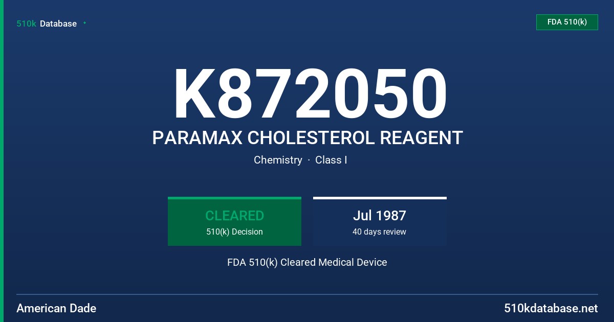 K872050 PARAMAX CHOLESTEROL REAGENT FDA 510(k) Cleared Medical Device