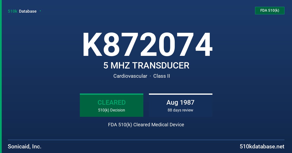 K872074 5 MHZ TRANSDUCER FDA 510(k) Cleared Medical Device