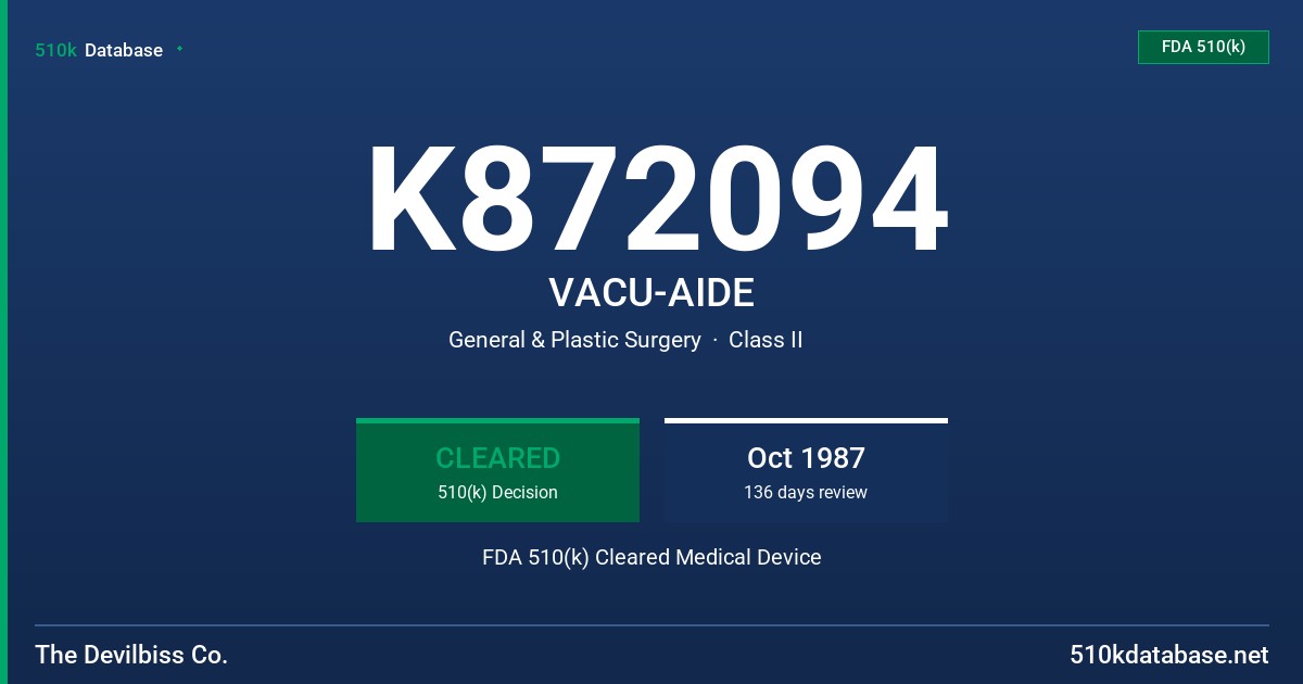 K872094 VACU-AIDE FDA 510(k) Cleared Medical Device