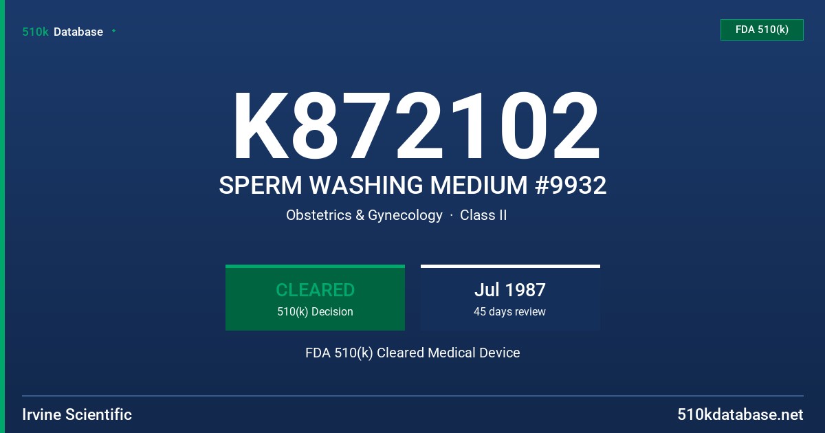 K872102 SPERM WASHING MEDIUM #9932 FDA 510(k) Cleared Medical Device