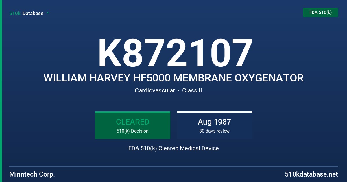 K872107 WILLIAM HARVEY HF5000 MEMBRANE OXYGENATOR FDA 510(k) Cleared Medical Device