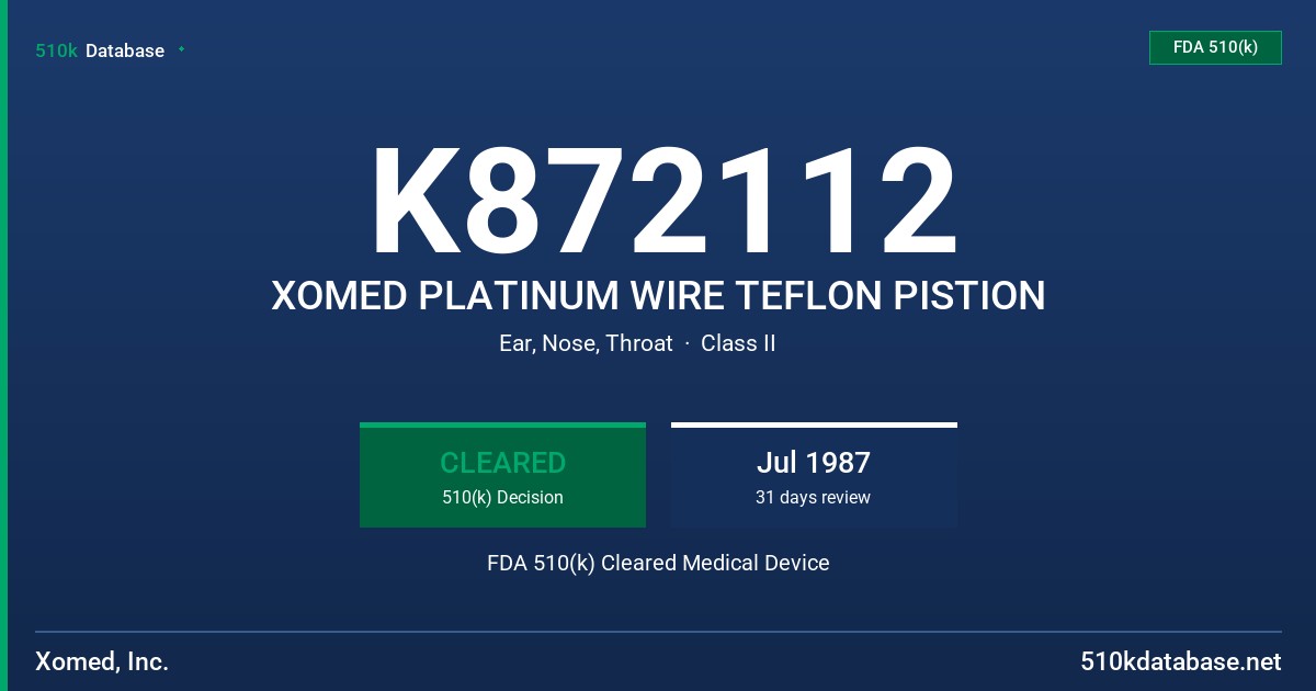 K872112 XOMED PLATINUM WIRE TEFLON PISTION FDA 510(k) Cleared Medical Device