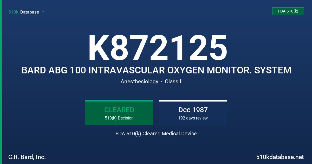 K872125 BARD ABG 100 INTRAVASCULAR OXYGEN MONITOR. SYSTEM FDA 510(k) Cleared Medical Device