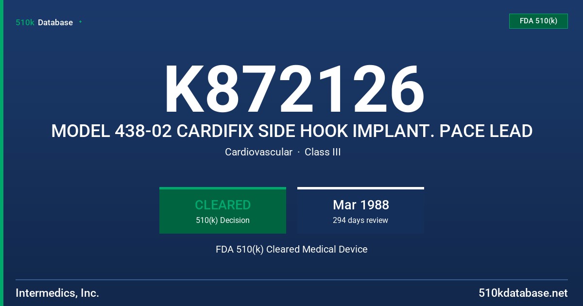 K872126 MODEL 438-02 CARDIFIX SIDE HOOK IMPLANT. PACE LEAD FDA 510(k) Cleared Medical Device