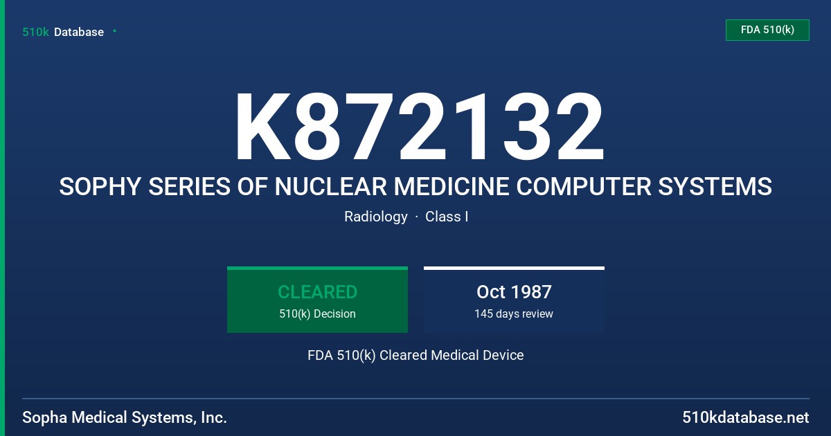 K872132 SOPHY SERIES OF NUCLEAR MEDICINE COMPUTER SYSTEMS FDA 510(k) Cleared Medical Device
