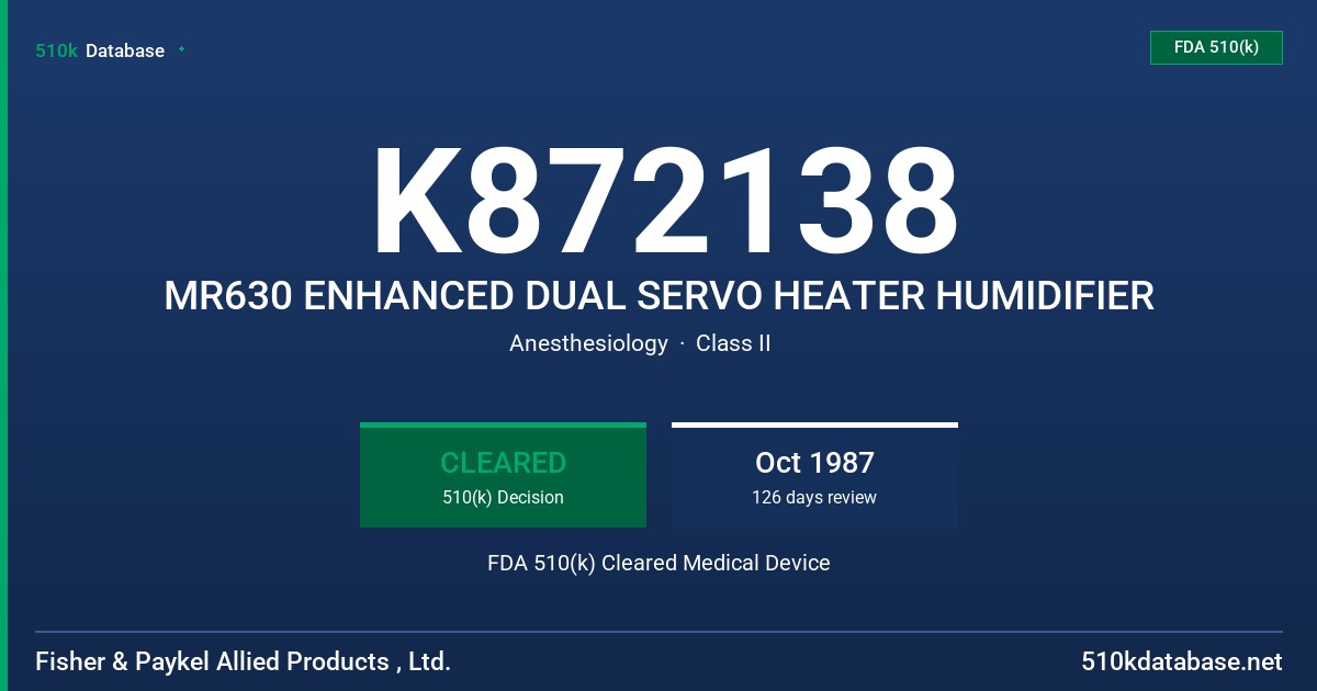 K872138 MR630 ENHANCED DUAL SERVO HEATER HUMIDIFIER FDA 510(k) Cleared Medical Device