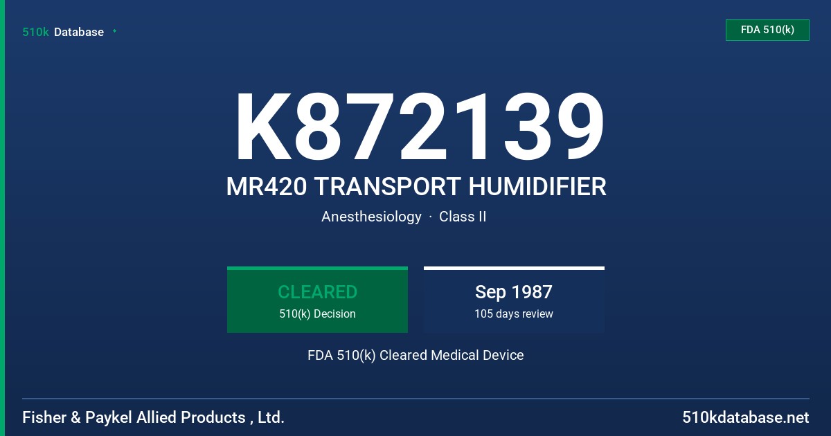 K872139 MR420 TRANSPORT HUMIDIFIER FDA 510(k) Cleared Medical Device