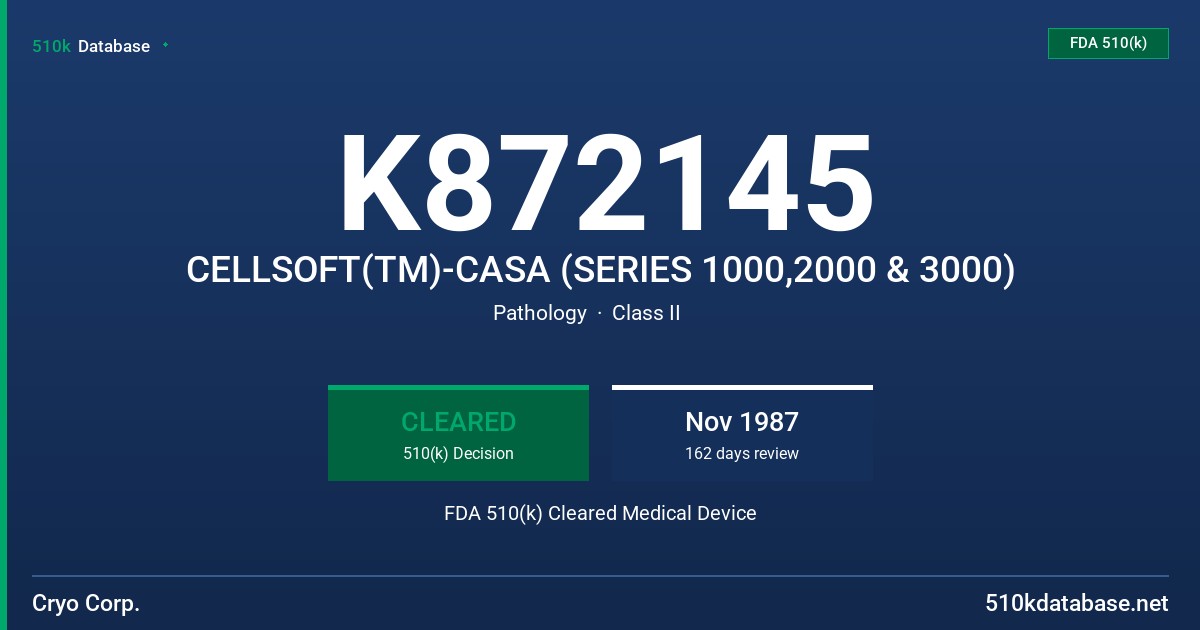 K872145 CELLSOFT(TM)-CASA (SERIES 1000,2000 & 3000) FDA 510(k) Cleared Medical Device