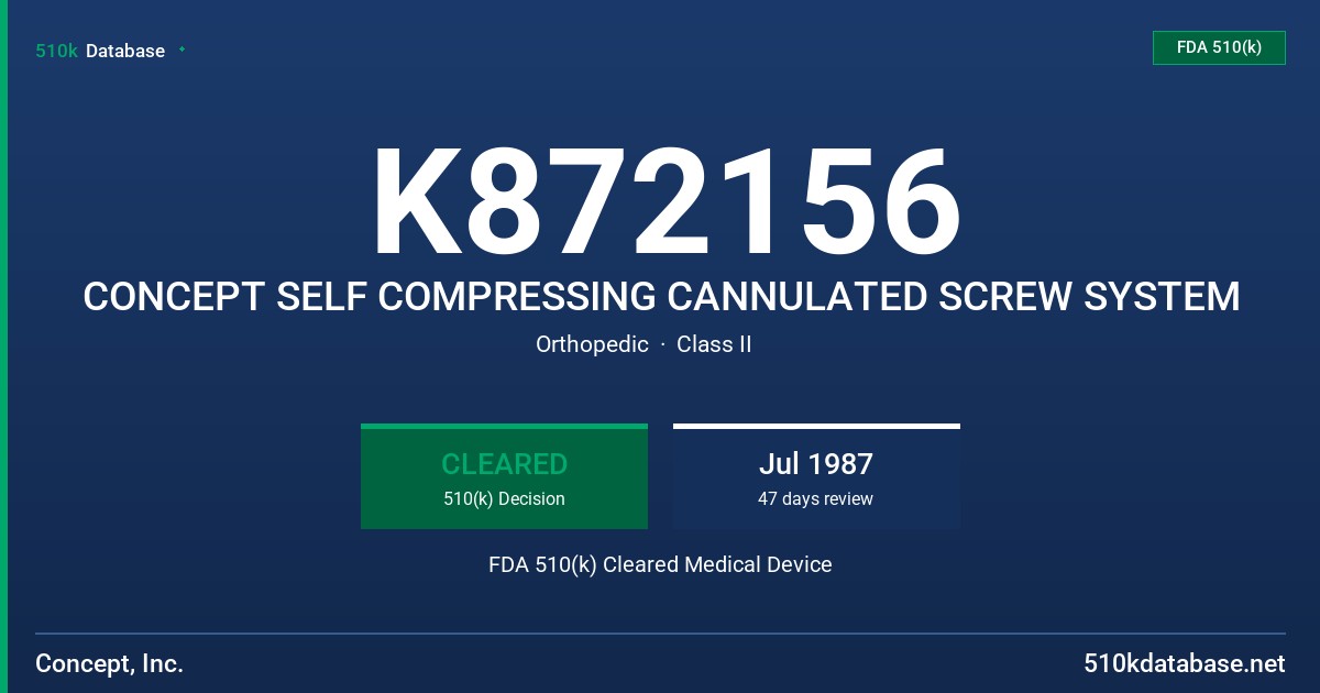 K872156 CONCEPT SELF COMPRESSING CANNULATED SCREW SYSTEM FDA 510(k) Cleared Medical Device
