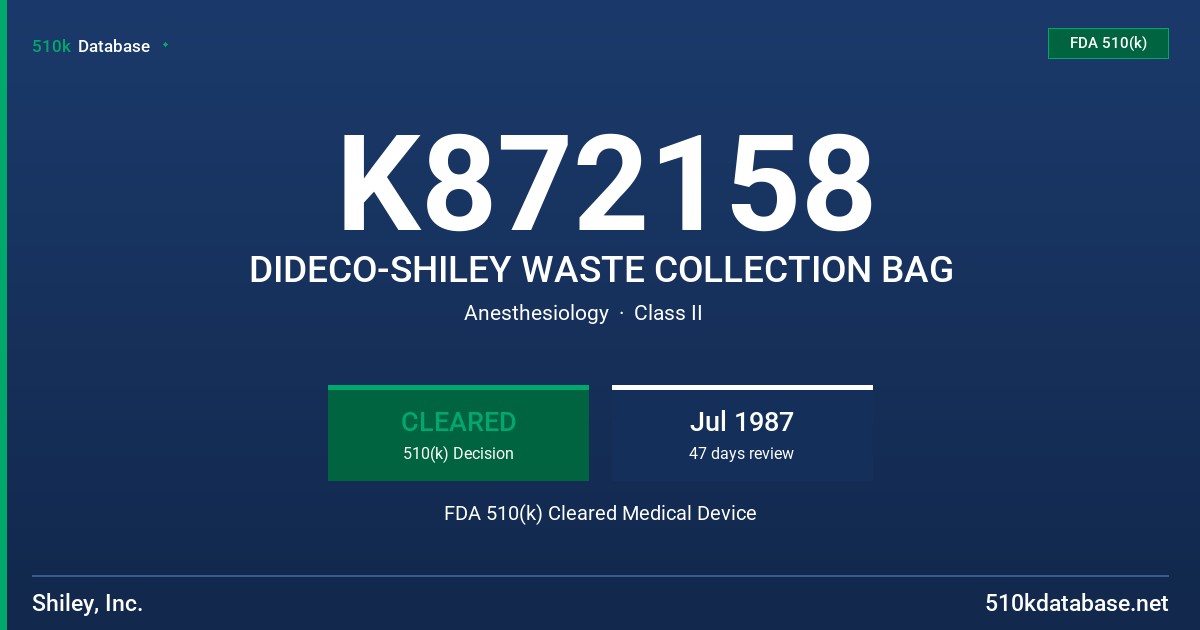 K872158 DIDECO-SHILEY WASTE COLLECTION BAG FDA 510(k) Cleared Medical Device