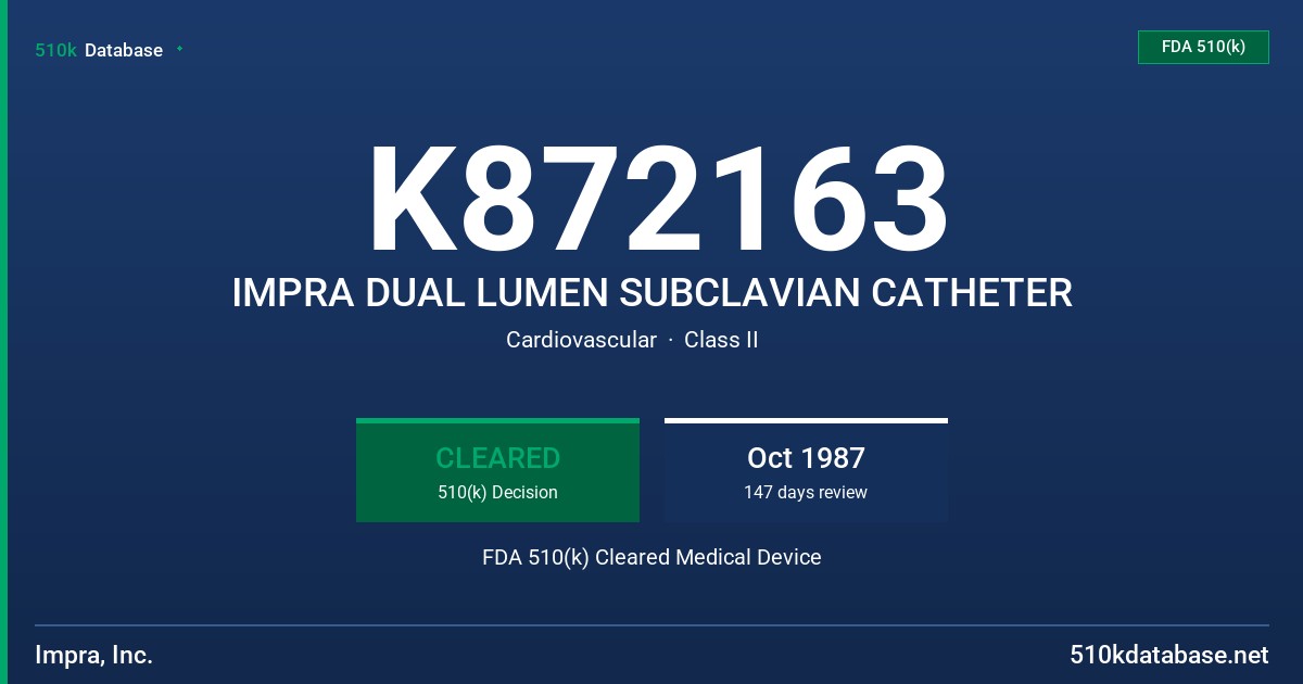 K872163 IMPRA DUAL LUMEN SUBCLAVIAN CATHETER FDA 510(k) Cleared Medical Device