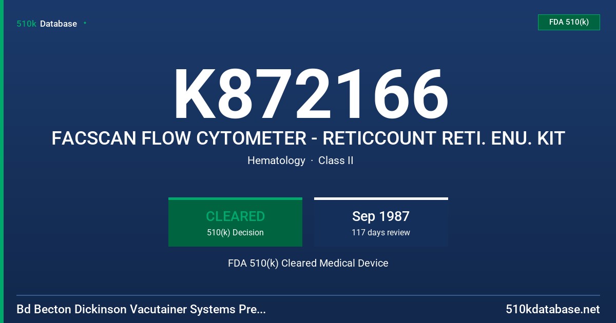 K872166 FACSCAN FLOW CYTOMETER - RETICCOUNT RETI. ENU. KIT FDA 510(k) Cleared Medical Device