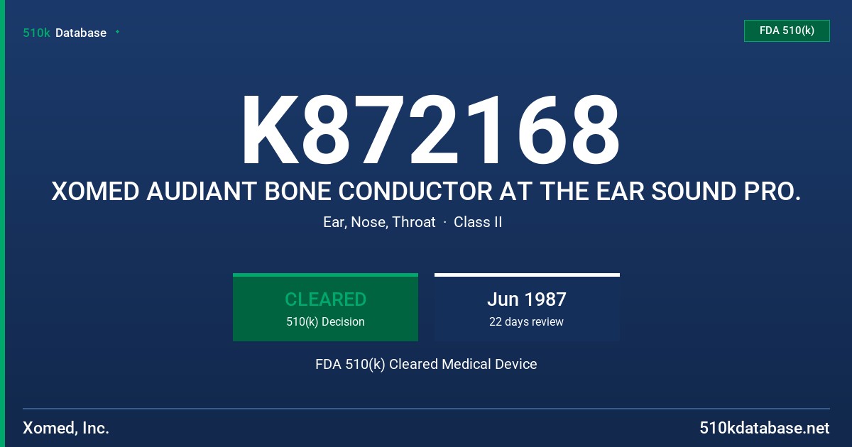 K872168 XOMED AUDIANT BONE CONDUCTOR AT THE EAR SOUND PRO. FDA 510(k) Cleared Medical Device
