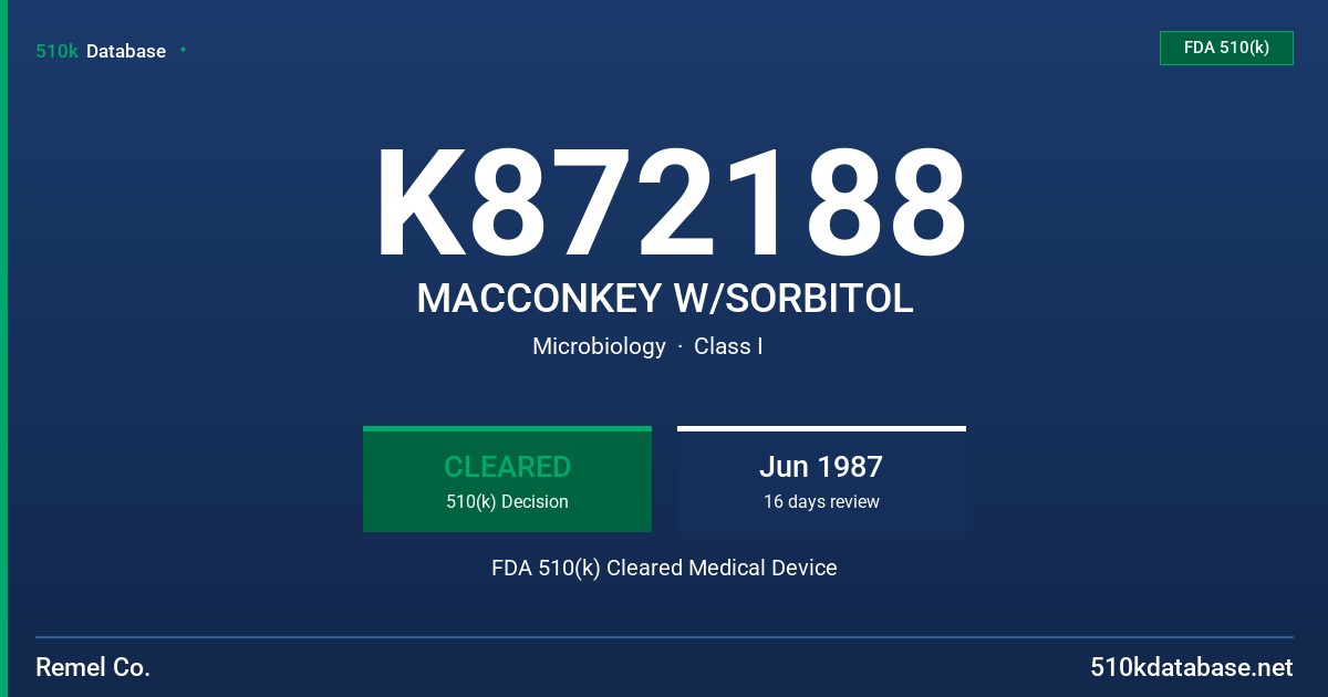 K872188 MACCONKEY W/SORBITOL FDA 510(k) Cleared Medical Device
